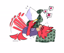 Size: 2601x2164 | Tagged: safe, artist:quaverdraws, gadget the wolf, wolf, 2025, alternate outfit, bed, blanket, blushing, clothes, gadget x lanolin, glasses, happy, heart, holding something, looking at something, lying down, male, message, phone, pillow, shipping, solo, speech bubble, straight