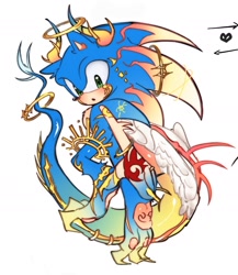 Size: 1614x1856 | Tagged: safe, artist:tamjeong_sonic, sonic the hedgehog, 2025, alternate universe, barefoot, halo, horns, pawpads, shadow's logo, simple background, solo, white background, wings