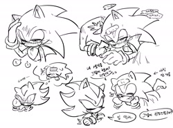 Size: 2048x1513 | Tagged: safe, artist:tamjeong_sonic, shadow the hedgehog, sonic the hedgehog, 2025, blushing, duo, eyes closed, gay, greyscale, hand on own head, korean text, lidded eyes, monochrome, mouth open, shadow x sonic, shipping, sick, simple background, smile, speech bubble, white background