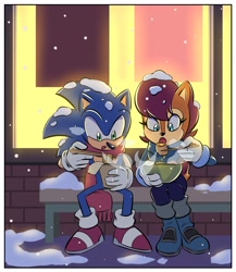 Size: 1673x1925 | Tagged: safe, artist:chauvels, sally acorn, sonic the hedgehog, chipmunk, hedgehog, 2026, alternate outfit, duo, eating, female, food, male, nighttime, ramen, running, sally x sonic, scarf, shipping, snow, snowing, straight, winter outfit