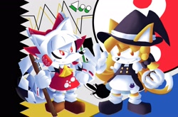 Size: 2579x1700 | Tagged: safe, artist:laggu_e_no, cat, wolf, dress, female, hakurei reimu, kirisame marisa, mobianified, touhou