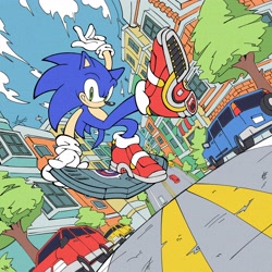 Size: 4096x4096 | Tagged: safe, artist:biolizard02, sonic the hedgehog, city escape, sonic adventure 2, 2024, car, grin, outdoors, smile, soap shoes, solo