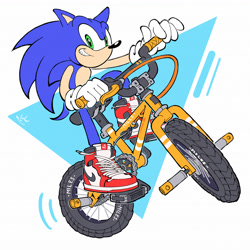 Size: 3720x3720 | Tagged: safe, artist:biolizard02, sonic the hedgehog, 2024, alternate outfit, alternate shoes, bicycle, grin, simple background, smile, solo, white background