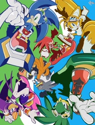 Size: 3133x4096 | Tagged: safe, artist:biolizard02, jet the hawk, knuckles the echidna, miles "tails" prower, sonic the hedgehog, storm the albatross, wave the swallow, 2023, babylon rogues, extreme gear, group, looking at viewer, riders outfit, riders style, smile, sonic riders, style emulation, team sonic