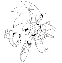 Size: 867x876 | Tagged: safe, artist:biolizard02, sonic the hedgehog, sonic frontiers, 2023, duo, greyscale, koco, line art, monochrome, simple background, smile, white background