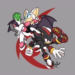 Size: 4096x4096 | Tagged: safe, artist:biolizard02, rouge the bat, shadow the hedgehog, 2021, chaos emerald, duo, grey background, holding something, shadow's logo, simple background