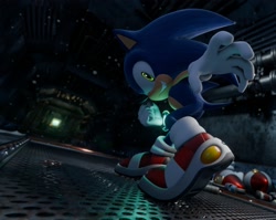 Size: 2920x2326 | Tagged: safe, artist:watervaporeon, sonic the hedgehog, sonic adventure, 2025, 3d, grin, indoors, light shoes, smile, solo, standing