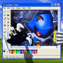 Size: 1500x1500 | Tagged: safe, artist:luxar_lmao, metal sonic, 2025, english text, looking at viewer, ms paint, reaching towards the viewer, robot, solo, windows
