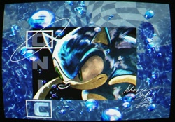 Size: 1357x944 | Tagged: safe, artist:khezusp, sonic the hedgehog, 2025, bubbles, character name, signature, solo, water