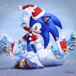 Size: 2048x2048 | Tagged: safe, artist:_strawberiie_, artist:cashbanacho, sonic the hedgehog, chao, 2025, 3d, bag, christmas, collaboration, group, holding something, looking at them, neutral chao, redraw, santa hat, santa outfit, smile, snow, snowing, standing, tree, winter