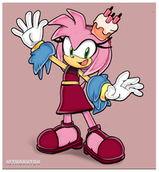 Size: 1064x1147 | Tagged: safe, artist:jcthornton, amy rose, hedgehog, the murder of sonic the hedgehog, 2025, belt, border, dress, eyelashes, female, gloves, grey background, hat, mouth open, open smile, scarf, shoes, simple background, smile, smiling at viewer, solo, solo female, standing, style emulation, uekawa style, waving