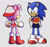 Size: 1024x972 | Tagged: safe, artist:swift-kwikster, amy rose, sonic the hedgehog, hedgehog, 2024, backwards cap, boots, cap, clothes, crop top, duo, eyelashes, eyes closed, female, gloves, grey background, happy, hat, jacket, looking at them, male, shoes, shorts, simple background, smile, standing, trans boy amy, trans female, trans girl sonic, trans male, transgender
