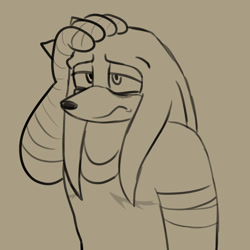 Size: 1500x1500 | Tagged: safe, artist:the-crazy-echidna-lady, knuckles the echidna, echidna, 2025, beige background, dark bags under eyes, frown, hand on head, lidded eyes, line art, looking offscreen, male, monochrome, scar, simple background, solo, solo male, sonic boom (tv), top surgery scars, trans boy knuckles, trans male, transgender