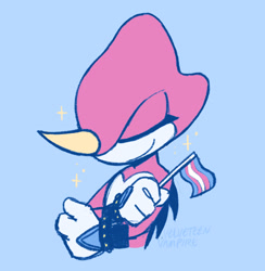 Size: 1204x1235 | Tagged: safe, artist:velveteen-vampire, espio the chameleon, 2023, arms folded, blue background, chameleon, eyes closed, flag, holding something, male, pride, pride flag, signature, simple background, smile, solo, solo male, sparkles, trans boy espio, trans male, trans pride, transgender