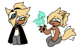 Size: 857x537 | Tagged: safe, artist:velveteen-vampire, whisper the wolf, wisp, wolf, 2023, agender, claws, cute, duo, eyes closed, fangs, female, flat colors, frown, hair over one eye, looking at viewer, one fang, pawpads, simple background, sitting, smile, standing, turquoise wisp, whispabetes, white background, yellow sclera