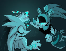 Size: 2048x1596 | Tagged: safe, artist:velveteen-vampire, silver the hedgehog, surge the tenrec, hedgehog, tenrec, 2023, clenched fist, clenched teeth, clothes, duo, electricity, eyelashes, female, fight, glowing eyes, gradient background, lightning bolt, looking at each other, male, mid-air, neck fluff, sharp teeth, shrunken pupils, signature, standing, this won't end well
