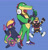 Size: 1982x2048 | Tagged: safe, artist:velveteen-vampire, charmy bee, espio the chameleon, vector the crocodile, bee, crocodile, 2023, alternate eye color, backwards cap, blue background, cap, cape, chameleon, chest fluff, clothes, fingerless gloves, flying, frown, gilet, gloves, hat, headphones, headphones around neck, heart tail, looking at viewer, male, males only, mid-air, redesign, shoes, simple background, smile, sneakers, socks, standing, team chaotix, thumbs up, trio, trio male