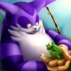 Size: 2160x2160 | Tagged: safe, artist:harddanx, big the cat, froggy, cat, frog, 2021, absurd res, duo, duo male, fishing pole, gloves, gradient background, holding them, lineless, literal animal, looking at each other, male, males only, mouth open, open smile, smile, smiling at each other, speedpaint available, speedpaint in description