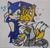 Size: 2048x1971 | Tagged: safe, artist:appleandcinnamon, miles "tails" prower, nine, sonic the hedgehog, fox, hedgehog, 2025, clothes, duo, duo male, gay, heart, holding arm, holding hands, hugging, jacket, male, males only, nine x sonic, open jacket, shipping, smile, sonic x tails, traditional media