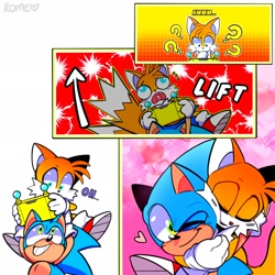 Size: 2048x2048 | Tagged: safe, artist:sp1nd-ash, artist:sp1ndash, miles "tails" prower, sonic the hedgehog, 2022, arrow, carrying them, comic, cute, dialogue, duo, duo male, exclamation mark, faic, frown, heart, holding something, hugging, lifting them, male, males only, miles electric, outline, question mark, smile, standing, text