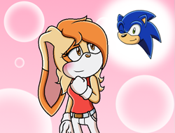 Size: 647x488 | Tagged: safe, artist:soneamlover, cream the rabbit, sonic the hedgehog, 2023, aged up, alternate universe, blushing, cream x sonic, hair over one eye, jeans, redraw, shipping, shirt, smile, solo, standing, straight, tan nose, tank top, thinking, wink