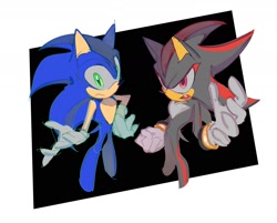 Size: 2000x1605 | Tagged: safe, artist:guitar_00000001, shadow the hedgehog, sonic the hedgehog, 2025, duo, frown, looking at viewer, simple background, standing, white background
