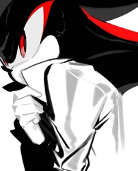 Size: 878x1086 | Tagged: safe, artist:guitar_00000001, shadow the hedgehog, 2025, greyscale, jacket, monochrome, solo, spot color