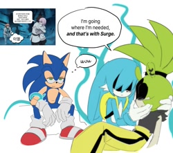 Size: 1391x1230 | Tagged: safe, artist:guitar_00000001, kit the fennec, sonic the hedgehog, surge the tenrec, 2025, english text, korean text, lidded eyes, reference inset, simple background, sitting, speech bubble, thought bubble, trio, white background