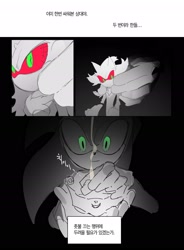 Size: 1492x2027 | Tagged: safe, artist:guitar_00000001, mephiles the dark, sonic the hedgehog, sonic the hedgehog (2006), 2025, comic, duo, fire, holding something, korean text, monochrome, spot color