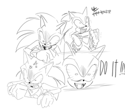 Size: 1458x1309 | Tagged: safe, artist:guitar_00000001, sonic the hedgehog, 2025, english text, greyscale, korean text, monochrome, mouth open, simple background, sketch, solo, sonic boom (tv), white background