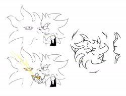 Size: 1945x1486 | Tagged: safe, artist:guitar_00000001, black doom, shadow the hedgehog, 2025, comic, doom's eye, duo, food, fruit, greyscale, holding something, lemon, monochrome, simple background, white background