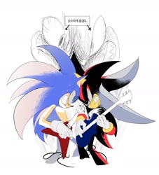 Size: 1920x2115 | Tagged: safe, artist:guitar_00000001, shadow the hedgehog, sonic the hedgehog, 2025, duo, grin, guitar, korean text, looking at each other, looking at them, musical instrument, playing music, simple background, smile, standing, white background