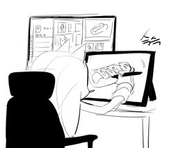 Size: 1414x1203 | Tagged: safe, artist:guitar_00000001, sonic the hedgehog, 2025, chili dog, computer, drawing, food, from behind, greyscale, holding something, korean text, monochrome, simple background, sitting, solo, white background