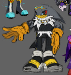 Size: 1163x1221 | Tagged: safe, artist:eighttalestale, storm the albatross, bird, 2025, belly fluff, chest fluff, clothes, crop top, female, fully clothed, gender swap, gloves, grey background, hand on hip, hand out, looking offscreen, pants, shoes, simple background, smile, socks, solo, solo female