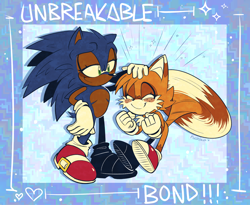 Size: 2048x1679 | Tagged: safe, artist:son1c, miles "tails" prower, sonic the hedgehog, fox, hedgehog, 2025, dark skin, duo, duo male, english text, exclamation mark, eyelashes, flying, freckles, fur markings, gloves, headpats, heart, lidded eyes, looking at them, male, males only, mid-air, scar, shoes, smile, sparkles, spinning tails, standing, text, top surgery scars, trans boy sonic, trans male, transgender, treads, unbreakable bond