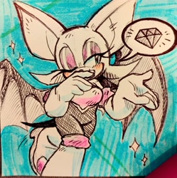 Size: 2048x2057 | Tagged: safe, artist:spoiledskullz, rouge the bat, bat, 2025, blushing, chaos emerald, covering mouth, eyelashes, female, lidded eyes, looking offscreen, one eye closed, smile, solo, solo female, sparkles, speech bubble, traditional media