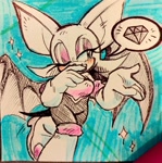 Size: 2048x2057 | Tagged: safe, artist:spoiledskullz, rouge the bat, bat, 2025, blushing, chaos emerald, covering mouth, eyelashes, female, lidded eyes, looking offscreen, one eye closed, smile, solo, solo female, sparkles, speech bubble, traditional media