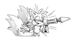 Size: 840x450 | Tagged: safe, artist:son1c, miles "tails" prower, fox, 2024, blushing, chest fluff, cute, eyes closed, fur markings, holding something, male, monochrome, mouth open, one fang, open smile, rocket launcher, signature, simple background, smile, solo, solo male, standing, this won't end well, weapon, white background