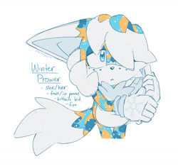 Size: 1580x1476 | Tagged: safe, artist:son1c, oc, oc:winter prower, fox, 2025, character name, chest fluff, fankid, female, fennec, freckles, fur markings, hair over one eye, holding ear, magical gay spawn, oc only, parent:kit, parent:tails, parents:kittails, pronouns, simple background, solo, solo female, standing, text, white background