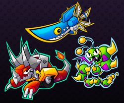 Size: 2048x1707 | Tagged: safe, artist:fishflop_, caterkiller, 2025, agender, agender only, badnik, checkered background, fangs, fire, flame, jawz, looking at viewer, mouth open, outline, propeller, robot, sharp teeth, stego, tongue out, trio, trio agender, yellow sclera