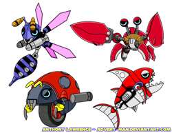 Size: 972x750 | Tagged: safe, artist:advert-man, buzz bomber, moto bug, 2012, agender, agender only, badnik, chopper, crabmeat, group, quartet, robot, simple background, white background