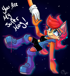 Size: 2000x2157 | Tagged: safe, artist:yoshiyoshi700, sally acorn, sonic the hedgehog, chipmunk, hedgehog, sonic frontiers, 2022, english text, floating, holding hands, offscreen character, sally x sonic, sally's ringblader outfit, shipping, solo, straight, tears