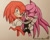 Size: 3868x3120 | Tagged: safe, artist:alex230691, julie-su, knuckles the echidna, echidna, 2022, duo, female, holding hands, hugging, julie-su x knuckles, looking at viewer, male, shipping, simple background, smile, straight, traditional media