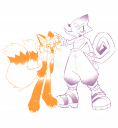 Size: 1891x2048 | Tagged: safe, artist:katplantsart, espio the chameleon, miles "tails" prower, fox, 2025, barefoot, beanbrows, boots, chameleon, claws, clothes, duo, duo male, ear fluff, eyewear on head, fur markings, gloves, goggles, goggles on head, headpats, lidded eyes, line art, male, males only, monochrome, pants, paws, simple background, smile, topless, white background