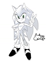 Size: 1282x1732 | Tagged: safe, artist:guitar_00000001, sonic the hedgehog, 2025, greyscale, looking at viewer, monochrome, simple background, smile, solo, spot color, standing, v sign, white background