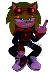Size: 1600x2200 | Tagged: safe, artist:reinadecorazonez, scourge the hedgehog, hedgehog, 2021, alternate outfit, chain, eyewear on head, hoodie, lidded eyes, looking at viewer, male, middle finger, painted fingernails, pants, ring (jewelry), sharp teeth, signature, simple background, smile, sneakers, solo, solo male, squatting, sunglasses, transparent background