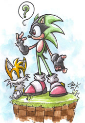 Size: 600x860 | Tagged: safe, artist:quentin-leclercq, miles "tails" prower, oc, oc:ashura the hedgehog, fox, hedgehog, sonic the hedgehog 2, 2016, black gloves, duo, duo male, fingerless gloves, gloves, grass, male, males only, mouth open, orange brown checkerboard, pencilwork, question mark, signature, sonic's shoes, standing, traditional media