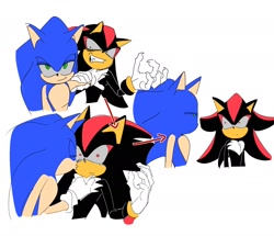 Size: 2000x1723 | Tagged: safe, artist:guitar_00000001, shadow the hedgehog, sonic the hedgehog, 2025, angry, arrow, duo, gay, kiss, looking at each other, looking at them, shadow x sonic, shipping, simple background, smile, white background
