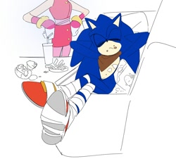Size: 988x931 | Tagged: safe, artist:guitar_00000001, amy rose, sonic the hedgehog, 2025, chili dog, duo, eyes closed, food, hands behind head, simple background, sitting, sonic boom (tv), standing, white background