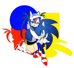 Size: 1569x1432 | Tagged: safe, artist:guitar_00000001, sonic the hedgehog, human, 2025, crossover, duo, hatsune miku, simple background, smile, sonic racing crossworlds, standing, vocaloid, white background, wink